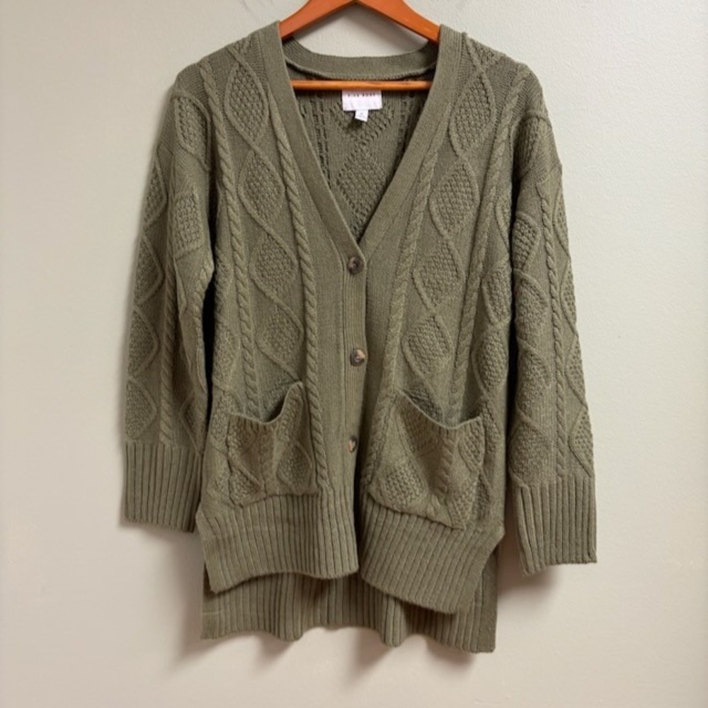 Pink Rose Womens Green Cable Knit Cardigan Size M‎ Acrylic Oversized Preppy